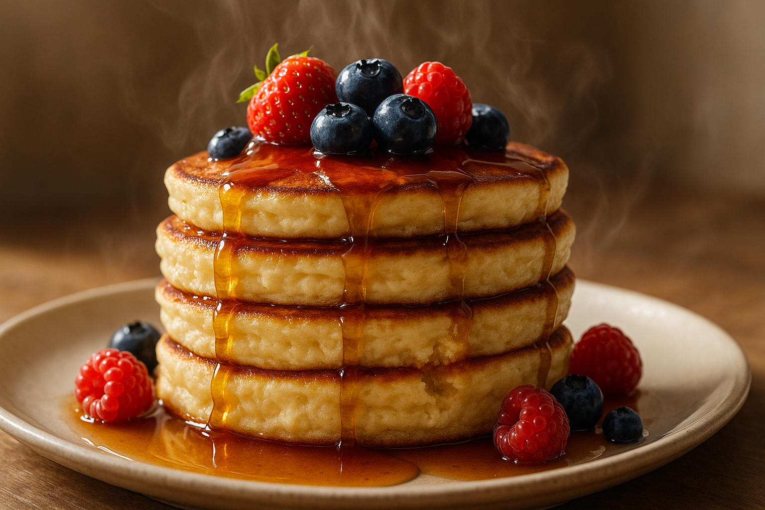 Ricotta Pancakes With Berries And Maple Syrup